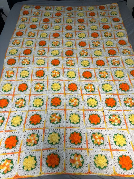Handmade Other - Afghan 3D Granny Flower Knitted Crochet Throw Blanket Orange Yellow 72x45 Groovy